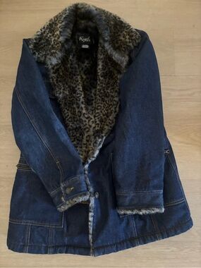 Regal Denim Coat with Leopard Faux Fur Lining - Dark Blue